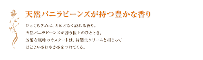 天然バニラビーンズが持つ豊かな香り ひとくち含めば、とめどなく溢れる香り。天然バニラビーンズが誘う極上のひととき。芳醇な風味のカスタードは、特製生クリームと相まってほどよいさわやかさをつれてくる。